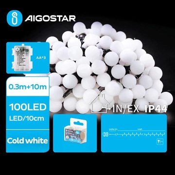 Aigostar - LED julkedja för utomhusbruk 100xLED/3xAA/8 funktioner 10,3 m IP44 kall vit