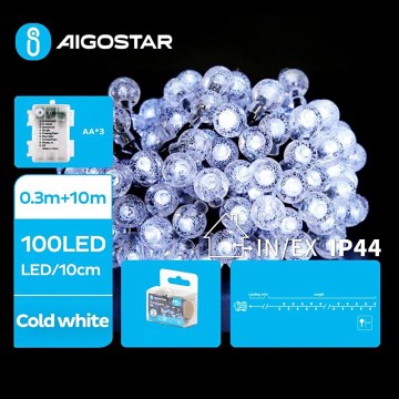 Aigostar - LED julkedja för utomhusbruk 100xLED/3xAA/8 funktioner 10,3 m IP44 kall vit