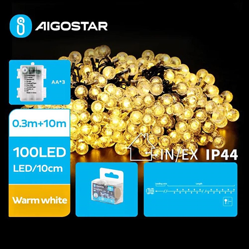 Aigostar - LED julkedja för utomhusbruk 100xLED/3xAA/8 funktioner 10,3 m IP44 varm vit