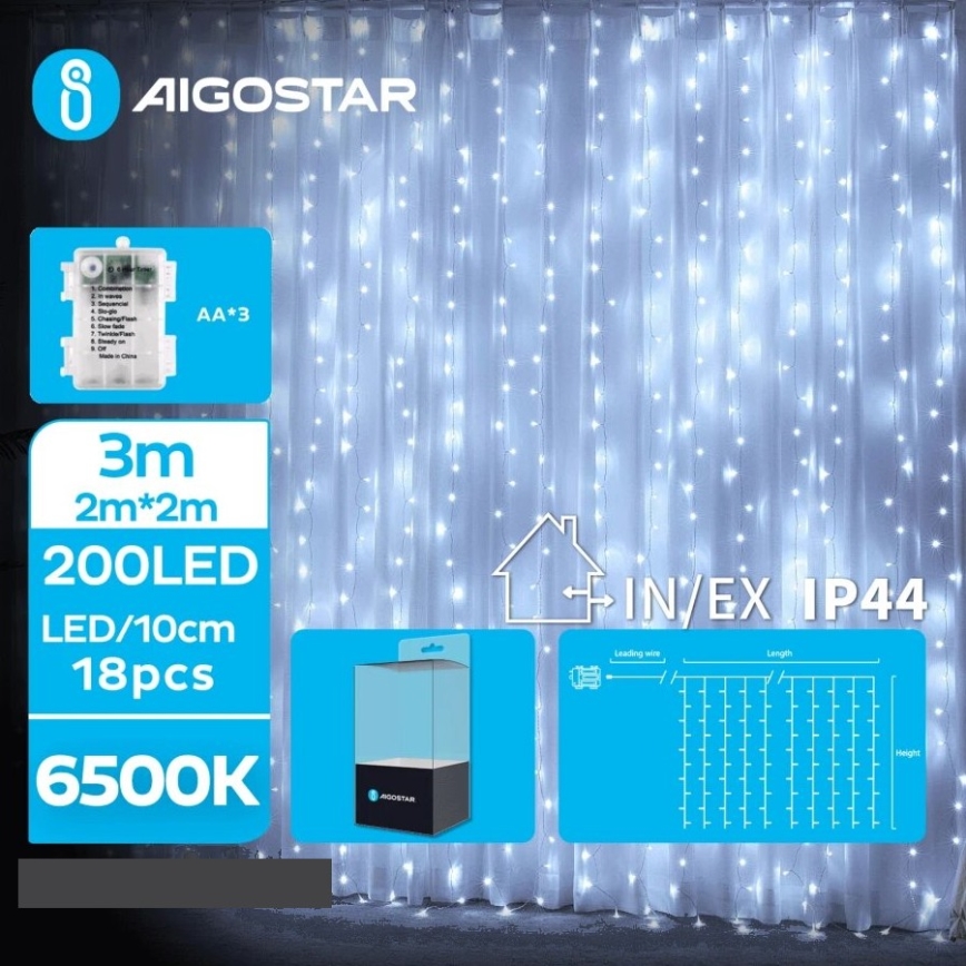 Aigostar - LED julkedja för utomhusbruk 200xLED/8 funktioner 3xAA 5x2m IP44 kall vit