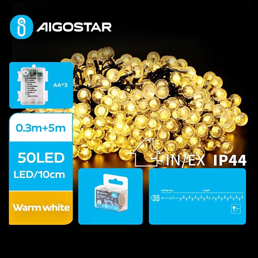 Aigostar - LED julkedja för utomhusbruk 50xLED/3xAA/8 funktioner 5,3 m IP44 varm vit