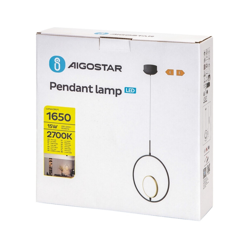 Aigostar - LED ljuskrona med textilsladd LED/15W/230V 6500K svart/guld