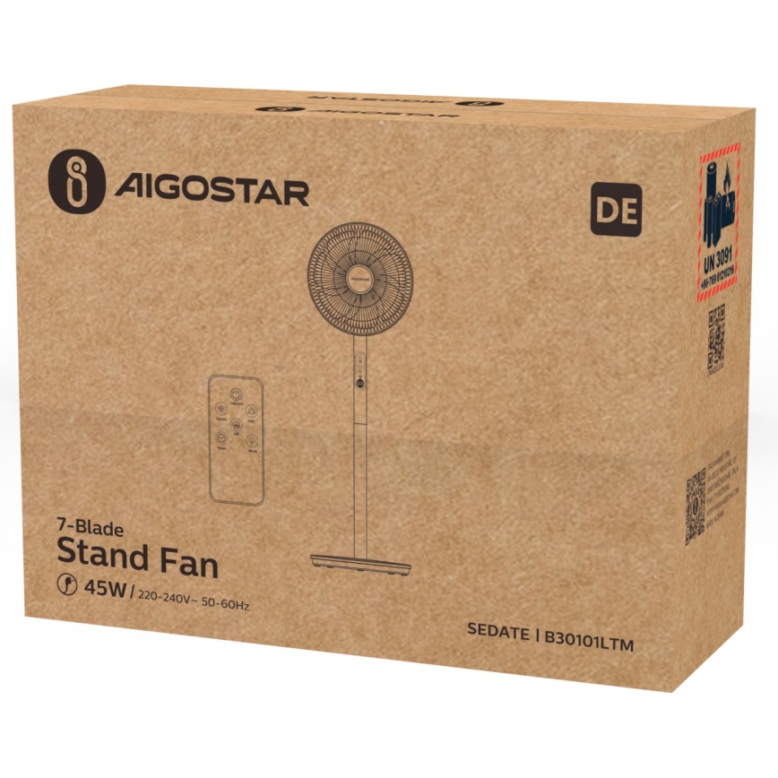 Aigostar - Stående fläkt 45W/230V vit + fjärrkontroll