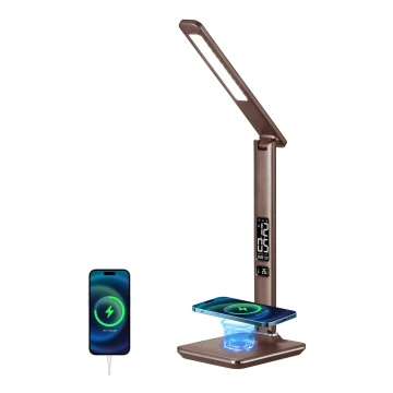 Brilagi - LED Dimbar bordslampa med QI trådlös laddning och USB REGINA LED/8,5W/230V brun