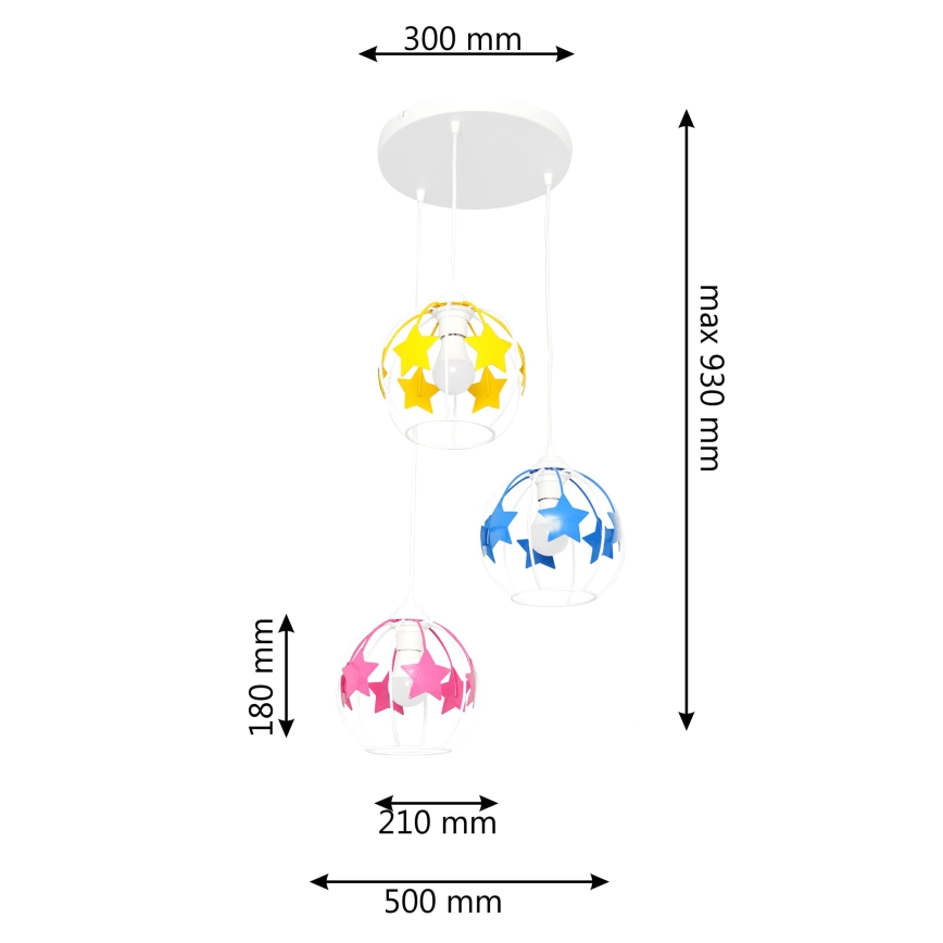 Hängande ljuskrona med textilsladd för barn STARS 3xE27/15W/230V blå/rosa/gul