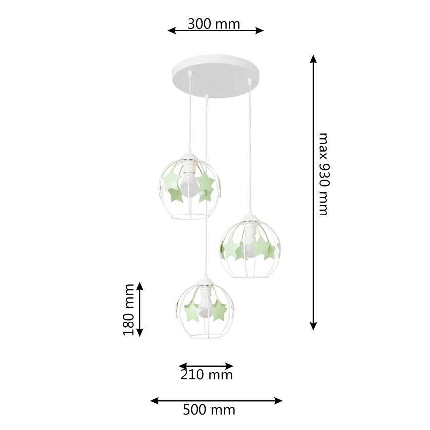 Hängande ljuskrona med textilsladd för barn STARS 3xE27/15W/230V grön/vit