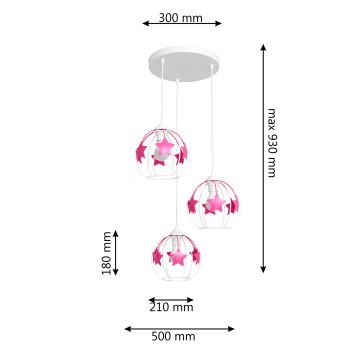 Hängande ljuskrona med textilsladd för barn STARS 3xE27/15W/230V rosa/vit