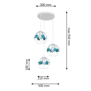 Hängande ljuskrona med textilsladd för barn STARS 3xE27/15W/230V turkos/vit