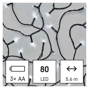 LED julkedja för utomhusbruk 80xLED/3xAA 6,1m IP44 kall vit