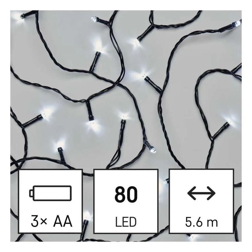 LED julkedja för utomhusbruk 80xLED/3xAA 6,1m IP44 kall vit