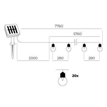 LED - Solar kedja 20xLED/0,12W/1,2V 1xAA IP44 3000K