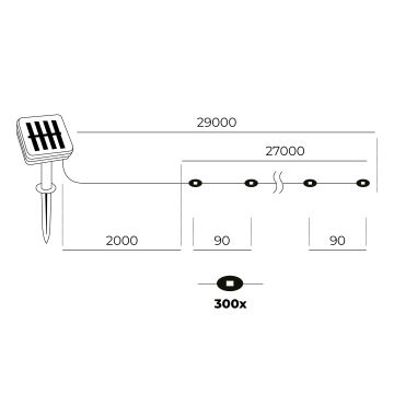 LED - Solar kedja 300xLED/0,12W/1,2V 1xAA 27 m IP44 3000K