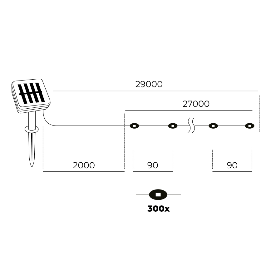 LED - Solar kedja 300xLED/0,12W/1,2V 1xAA 27 m IP44 3000K