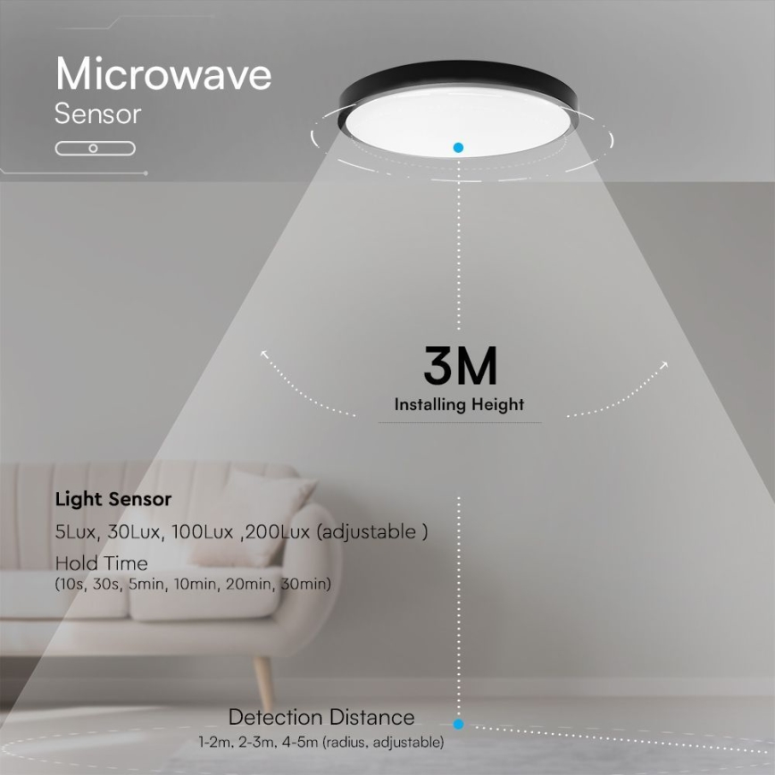 LED taklampa för badrum med sensor SAMSUNG CHIP LED/18W/230V IP44 4000K diameter 29 cm svart + fjärrkontroll