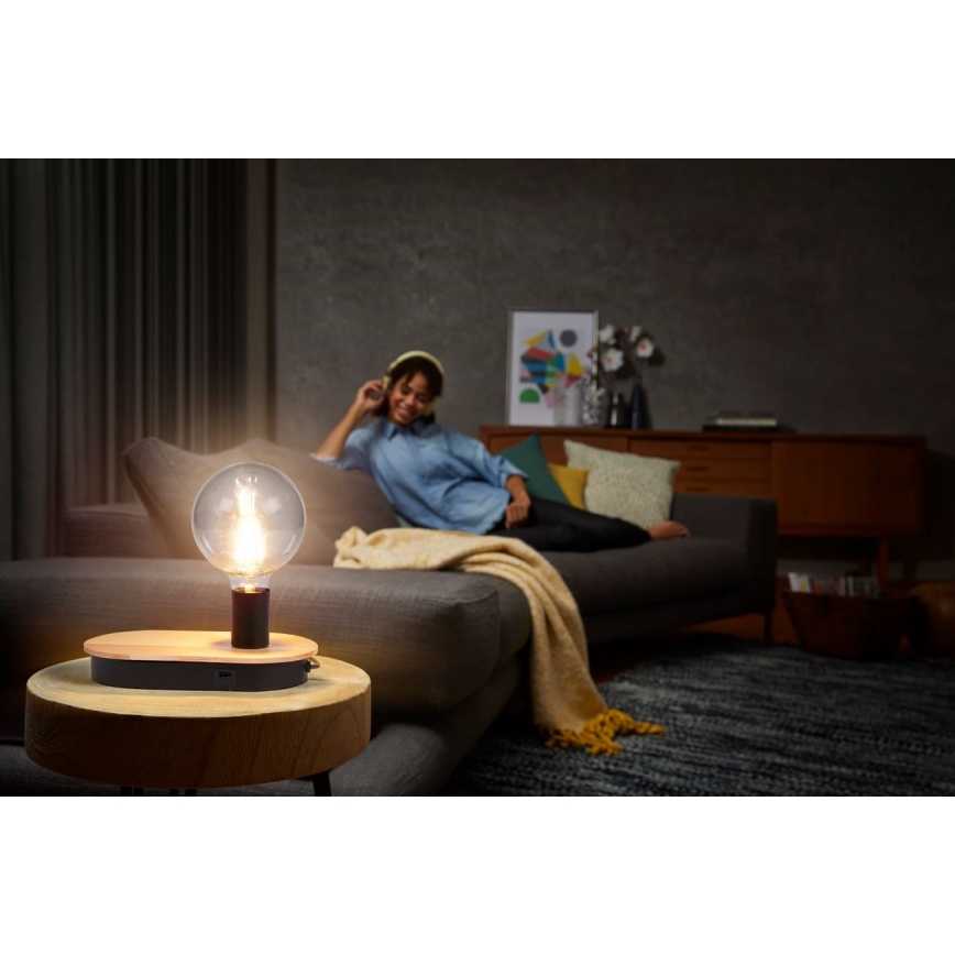 Ledvance - Bordslampa med touch med USB connector DECOR WOOD 1xE27/8W/230V gummifikon