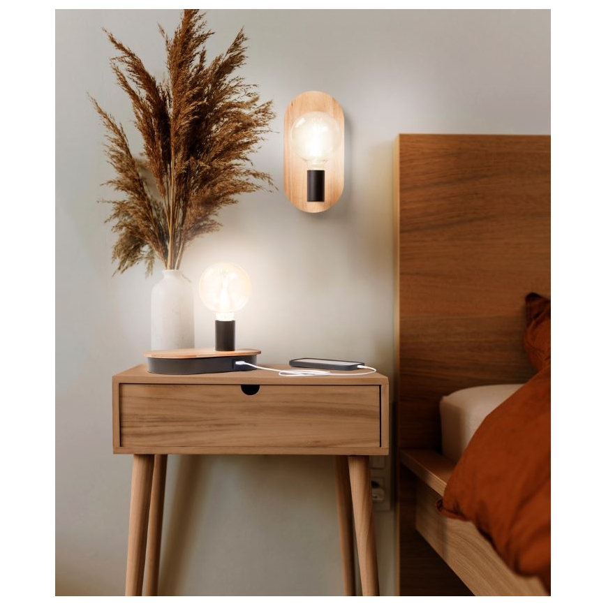 Ledvance - Bordslampa med touch med USB connector DECOR WOOD 1xE27/8W/230V gummifikon