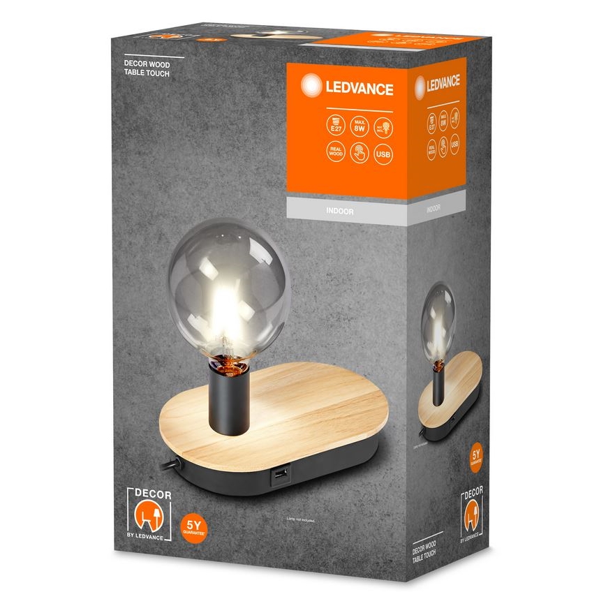 Ledvance - Bordslampa med touch med USB connector DECOR WOOD 1xE27/8W/230V gummifikon