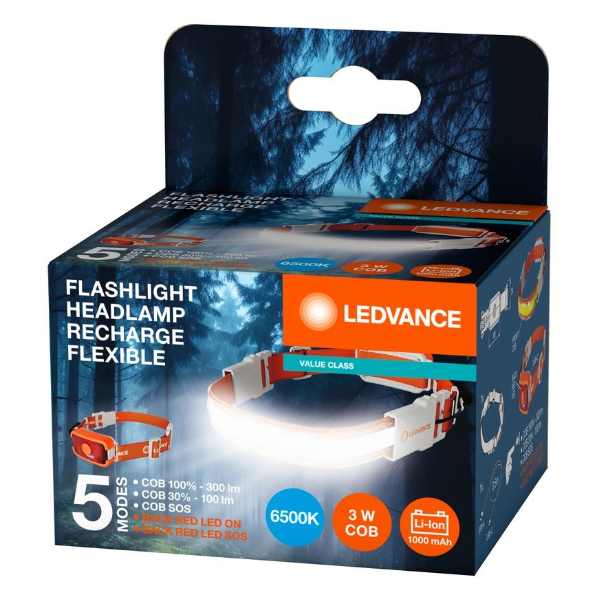 Ledvance - LED uppladdningsbar pannlampa FLASHLIGHT LED/3W/5V 1000mAh