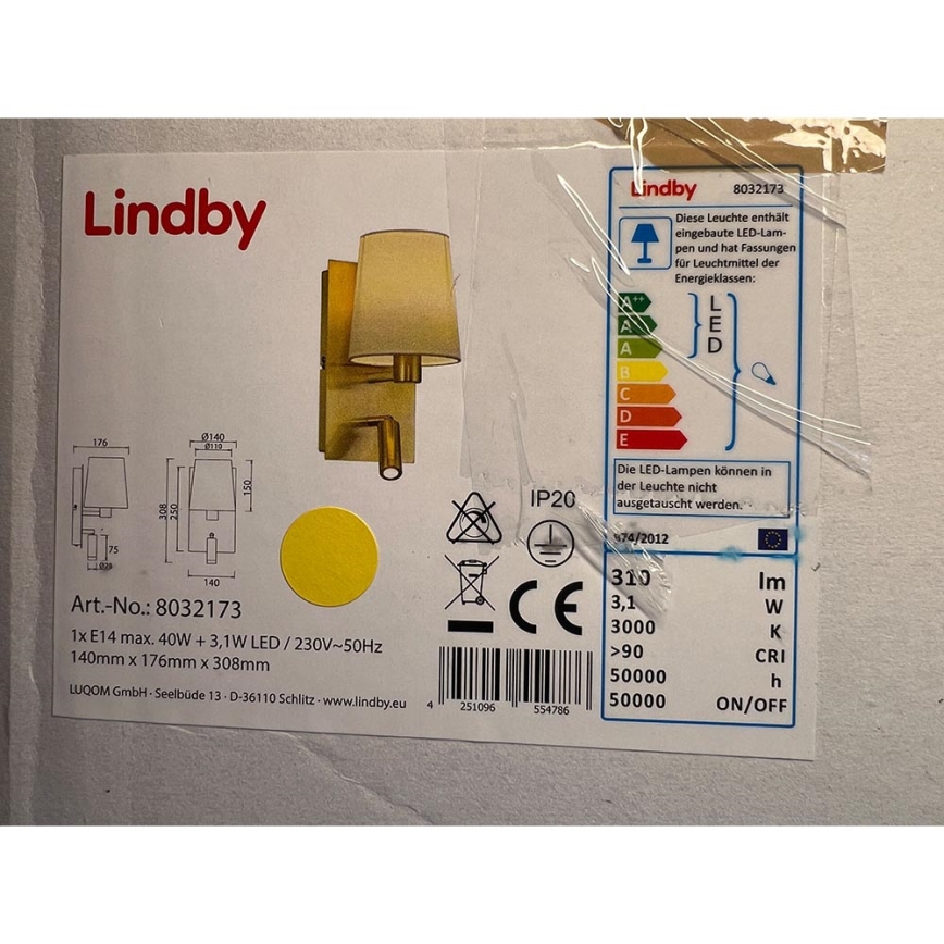Lindby - Vägglampa AIDEN 1xE14/40W/230V + LED/3,1W/230V