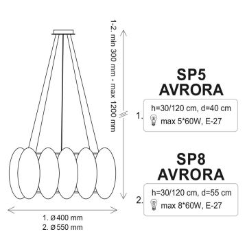 Ljuskrona med snöre AURORA 8xE27/60W/230V