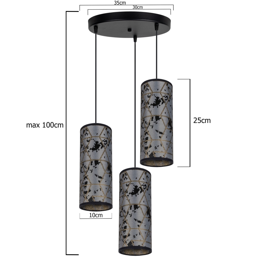 Ljuskrona med textilsladd AVALO 3xE27/60W/230V diameter 35 cm grå/svart