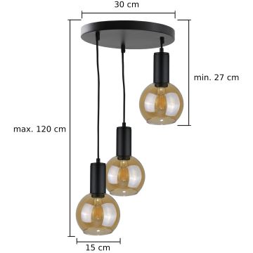 Ljuskrona med textilsladd JANTAR BLACK 3xE27/60W/230V diameter 30 cm