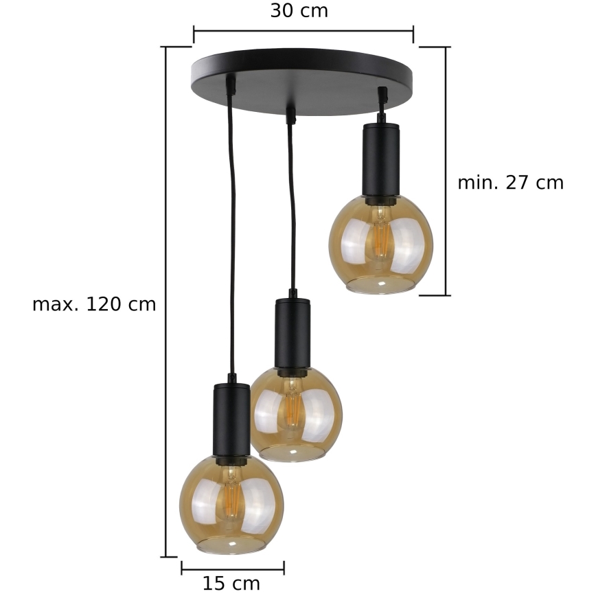 Ljuskrona med textilsladd JANTAR BLACK 3xE27/60W/230V diameter 30 cm