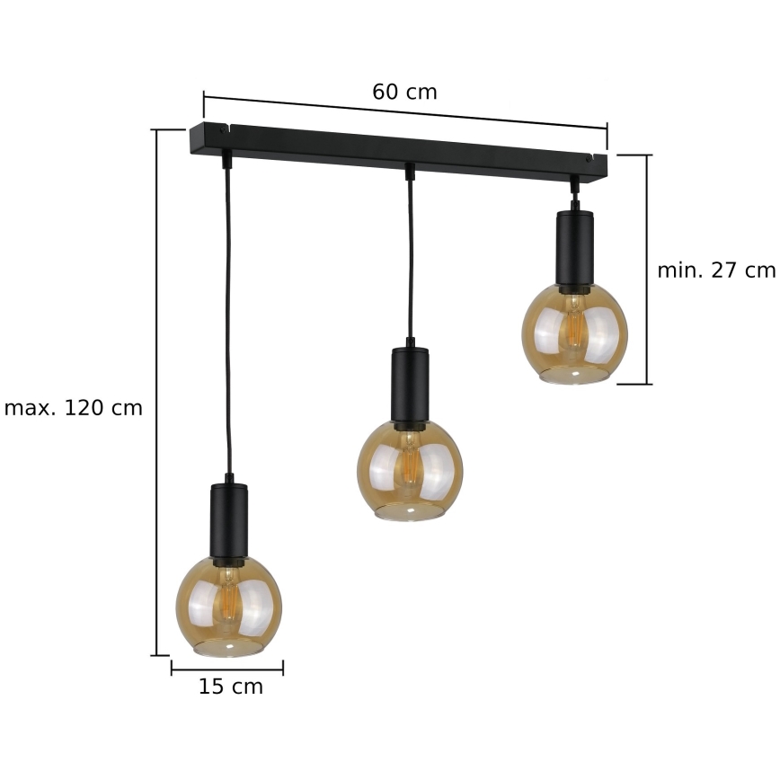 Ljuskrona med textilsladd JANTAR BLACK 3xE27/60W/230V