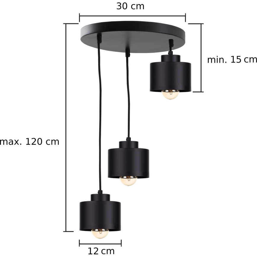 Ljuskrona med textilsladd SIMPLY BLACK 3xE27/60W/230V diameter 32 cm