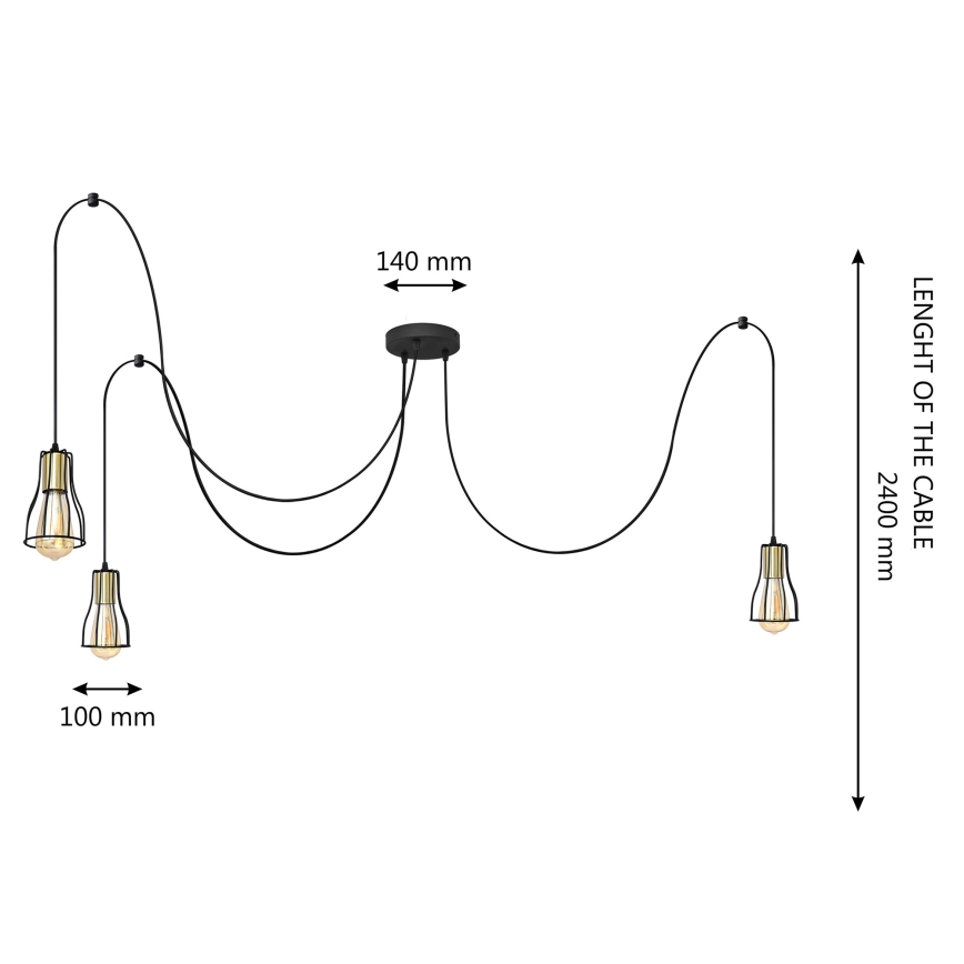 Ljuskrona med textilsladd TUBE 3xE27/10W/230V svart/guld