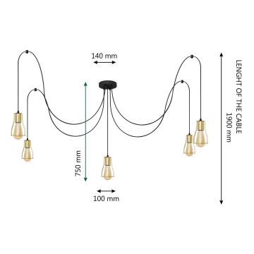 Ljuskrona med textilsladd TUBE 5xE27/15W/230V svart/guld