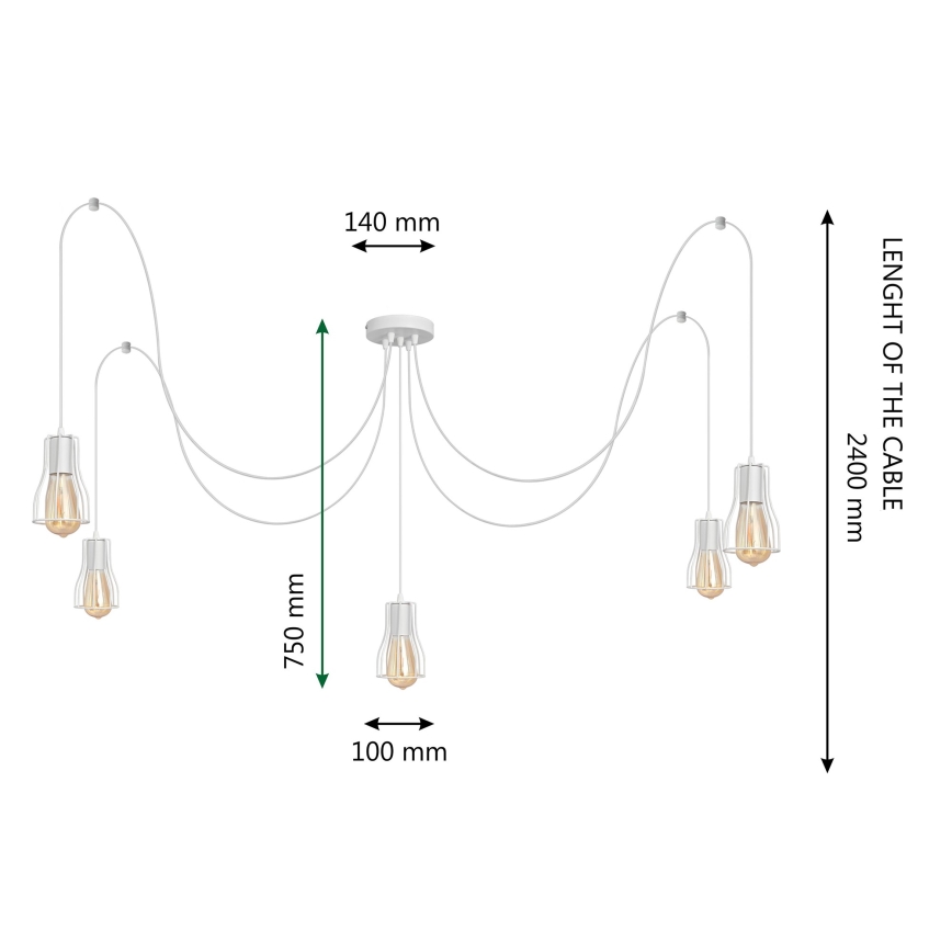 Ljuskrona med textilsladd TUBE LONG 5xE27/10W/230V vit