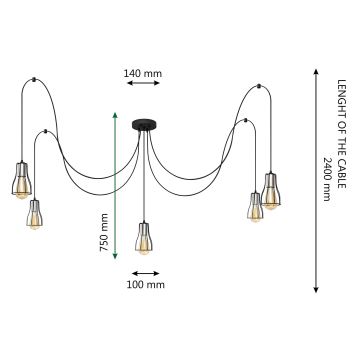 Ljuskrona med textilsladd TUBE LONG 5xE27/15W/230V svart/krom