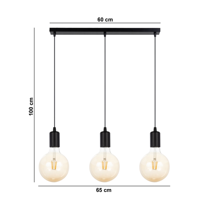 Ljuskrona med upphängningsrem MIROS 3xE27/60W/230V svart