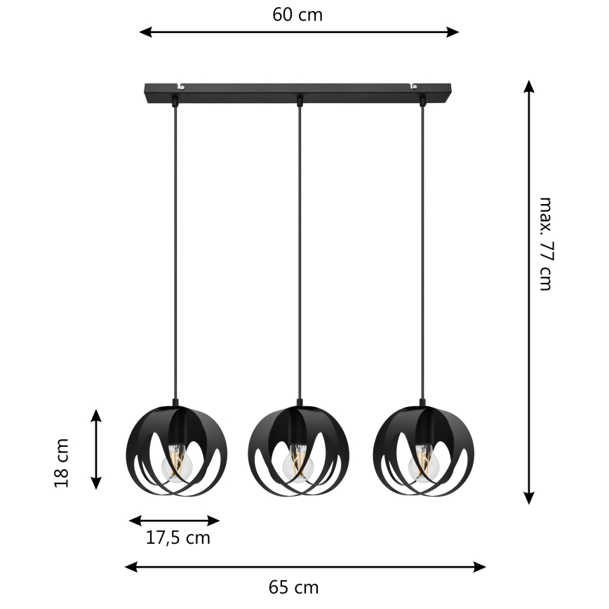 Ljuskrona med upphängningsrem MOONLIGHT 3xE27/60W/230V svart