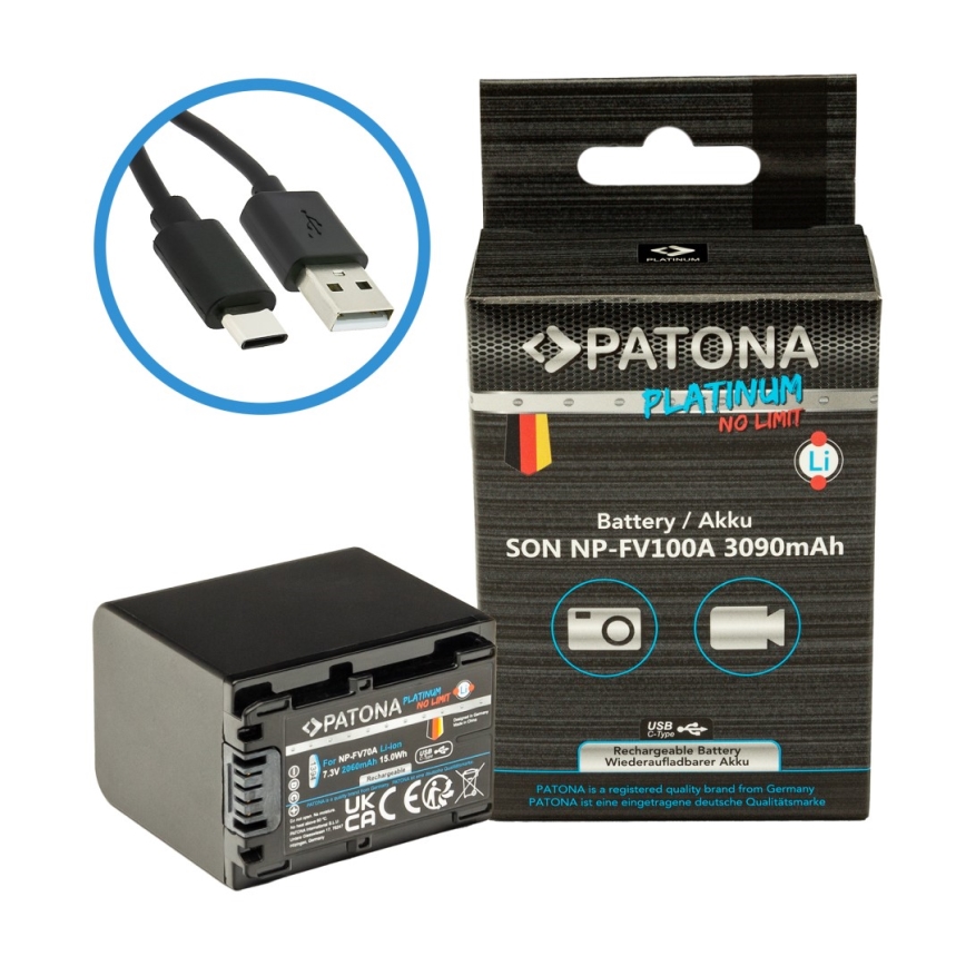 PATONA - Ackumulator Sony NP-FV100 3090mAh Li-Ion Platinum USB-C laddar