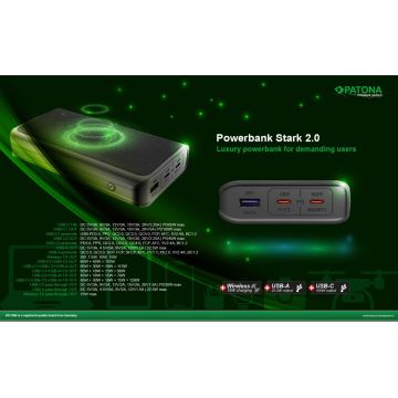 PATONA - Power bank 20000mAh 100W Li-lon 2xUSB-C/1x USB-A med QI-laddning