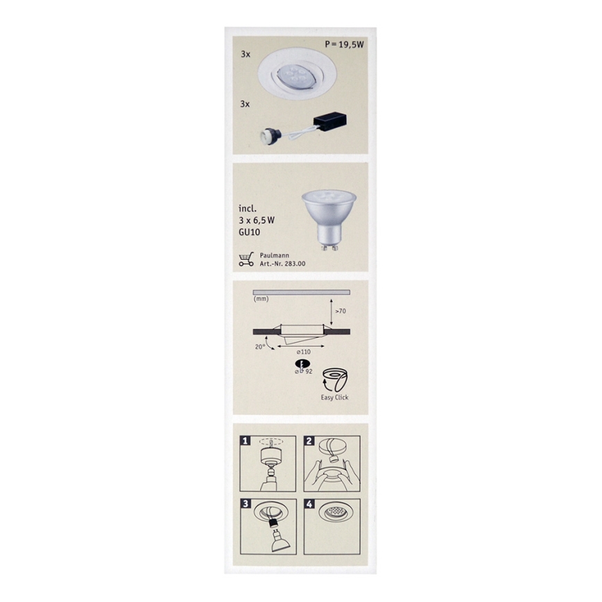 Paulmann 92029 - SET 3xLED-GU10/6,5W Infälld Belysning QUALITY 230V