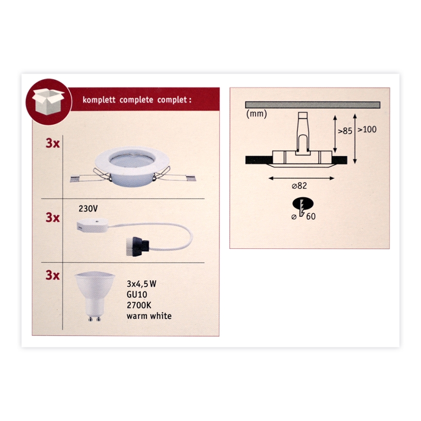 Paulmann 93655 - SET 3xLED-GU10/4,5W Infälld Belysning 230V