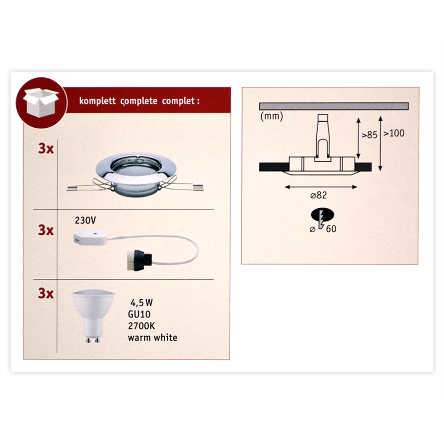 Paulmann 93657 - SET 3x LED/GU10/4,5W Infälld Belysning 230V