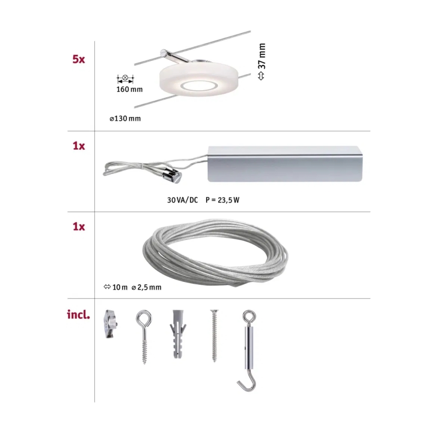 Paulmann 94109 - KIT 5xLED/4,3W Spotlight för system med snöre MAC 230V