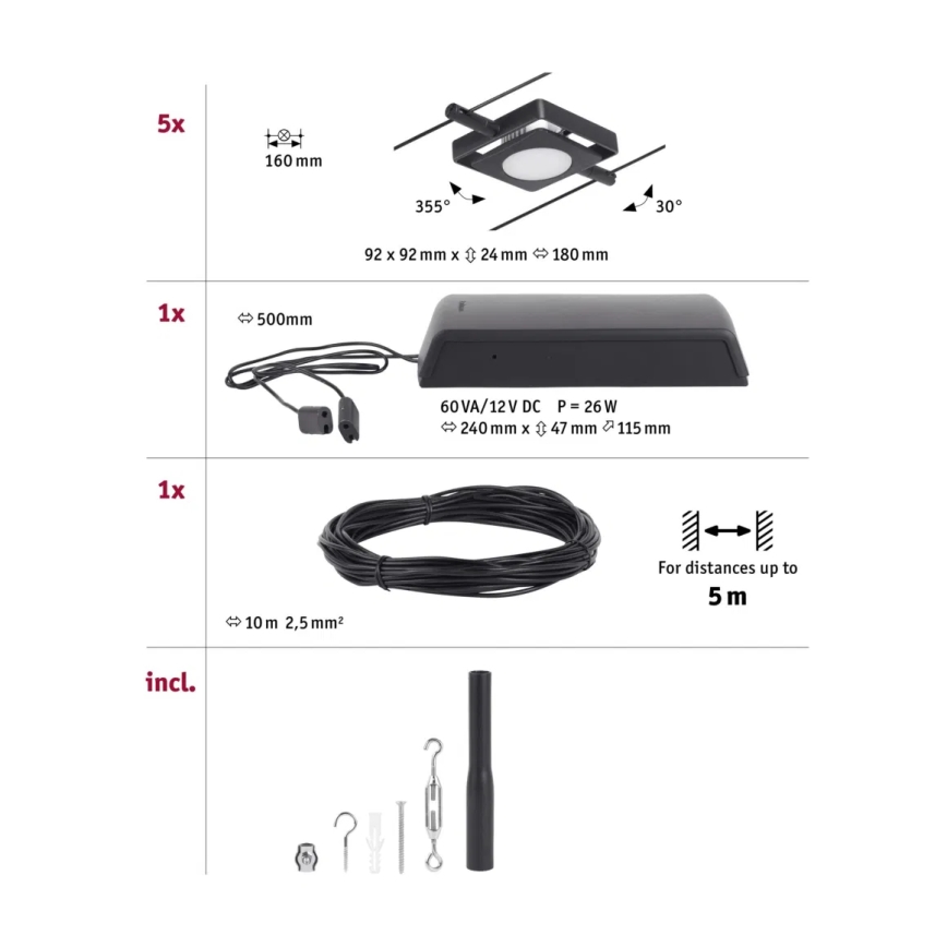 Paulmann 94424 - KIT 5xLED/4,5W Spotlight för system med snöre MAC 230V