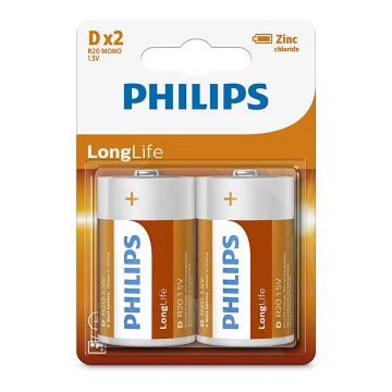 Philips R20L2B/10 - 2 st Zinkklorid Batterier D LONGLIFE 1,5V 5000mAh