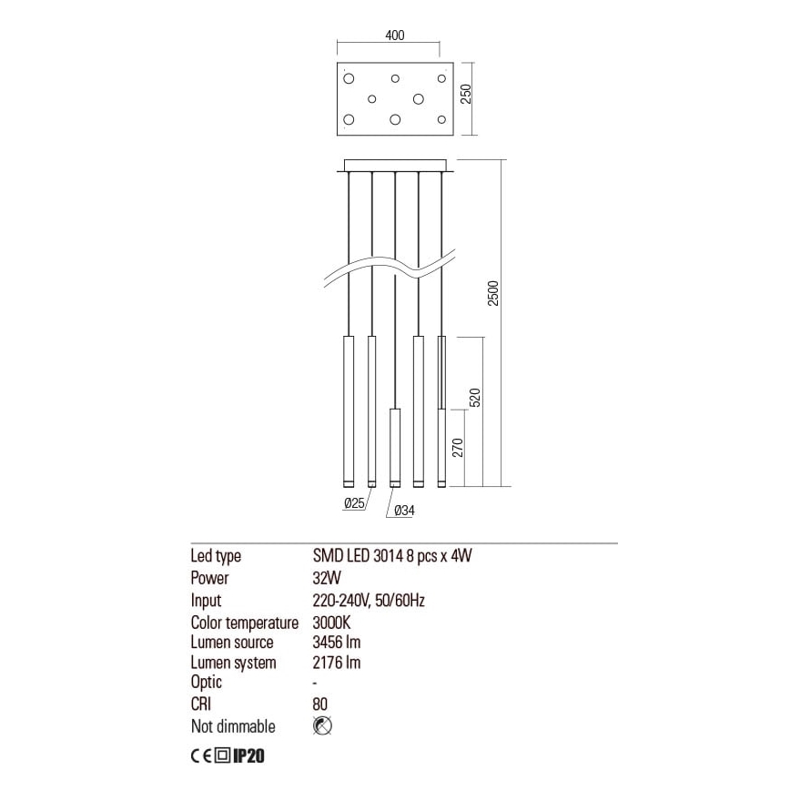 Redo 01-2048 - LED ljuskrona med textilsladd MADISON 8xLED/4W/230V svart