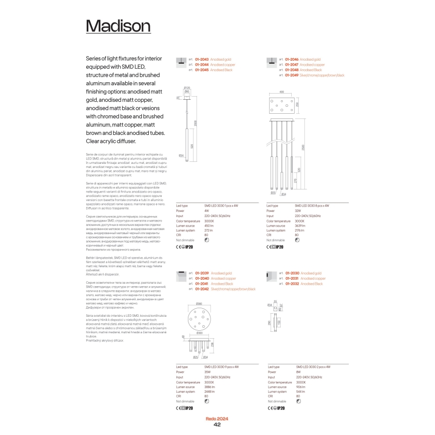 Redo 01-2055 - LED ljuskrona med textilsladd MADISON 14xLED/4W/230V koppar