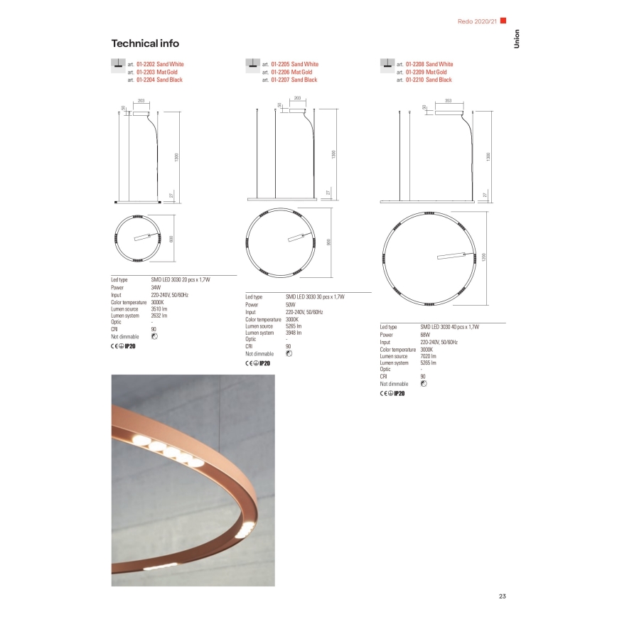 Redo 01-2203 - LED ljuskrona med textilsladd UNION LED/34W/230V CRI 90 3000K diameter 60 cm guld