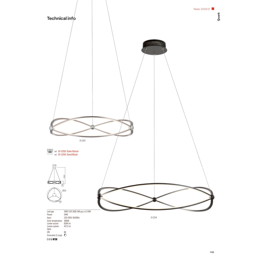 Redo 01-2254 - LED ljusreglerad ljuskrona på textilsladd QUARK LED/54W/230V 3000K diameter 80 cm svart