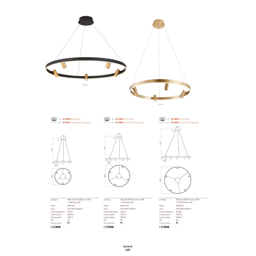 Redo 01-2490 - LED ljuskrona med textilsladd SUMMIT LED/38W/230V CRI 90 diameter 61,6 cm guld