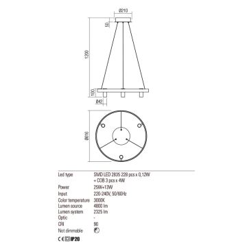 Redo 01-2490 - LED ljuskrona med textilsladd SUMMIT LED/38W/230V CRI 90 diameter 61,6 cm guld