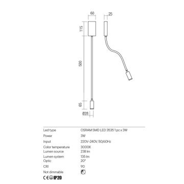 Redo 01-2754 - LED vägglampa WALLIE LED/3W/230V USB CRI 90 vit